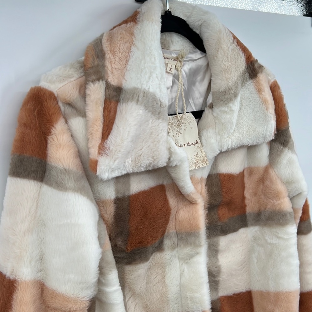 🆕Hem & Thread Fleece Jacket Plaid Colorblock Cream Orange Brown Lined Restocked - Picture 8 of 15